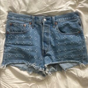 Levi's Blue Jean Shorts with Frayed Hem and Studded Details